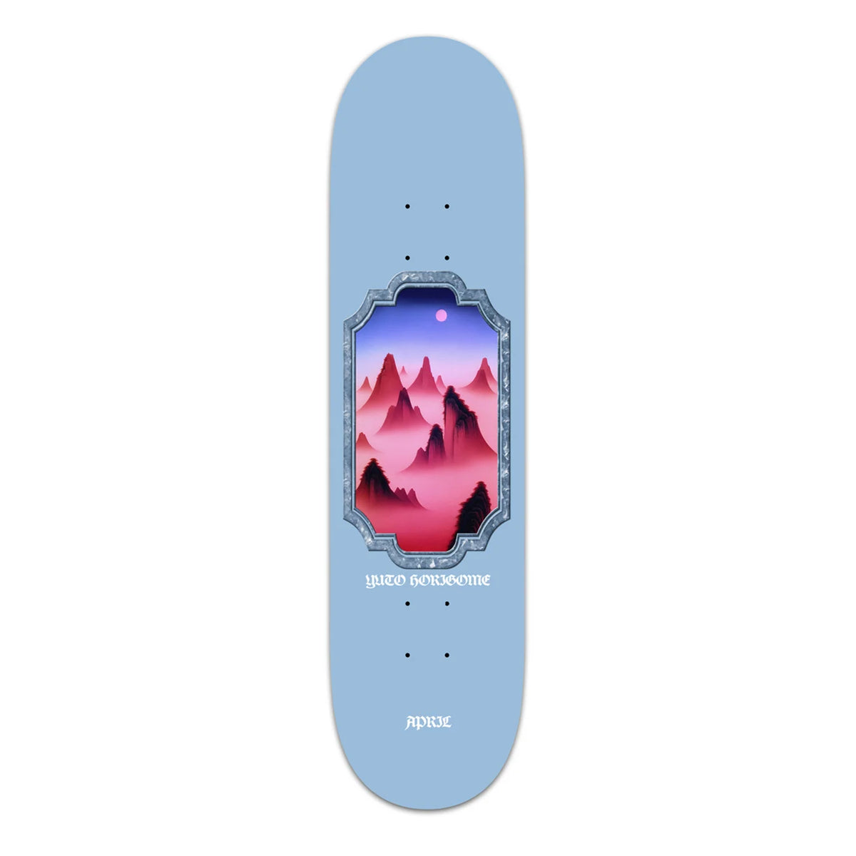 A light blue skateboard deck featuring a central graphic of stylized pink and purple mountains under a purple sky