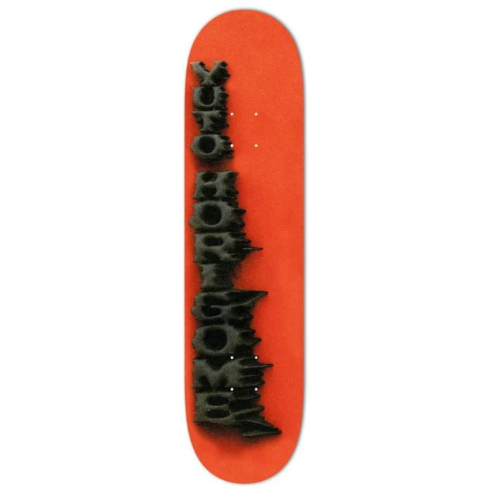 A skateboard deck featuring a vibrant orange background with a large, stylized black graphic spelling 'Skateboard' vertically on the underside.
