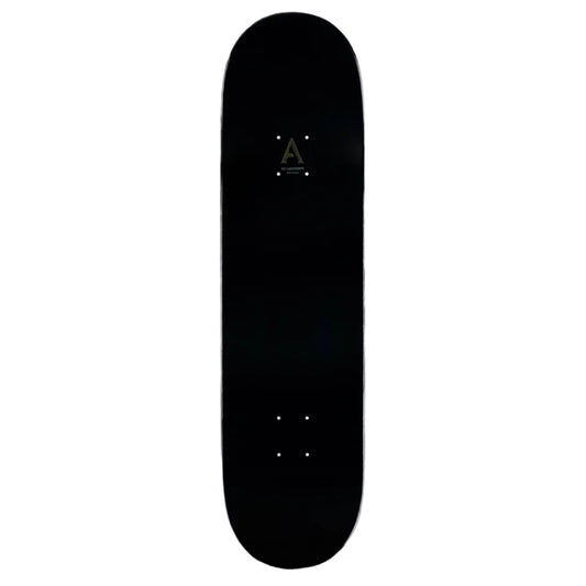Black skateboard deck with a logo on a white background