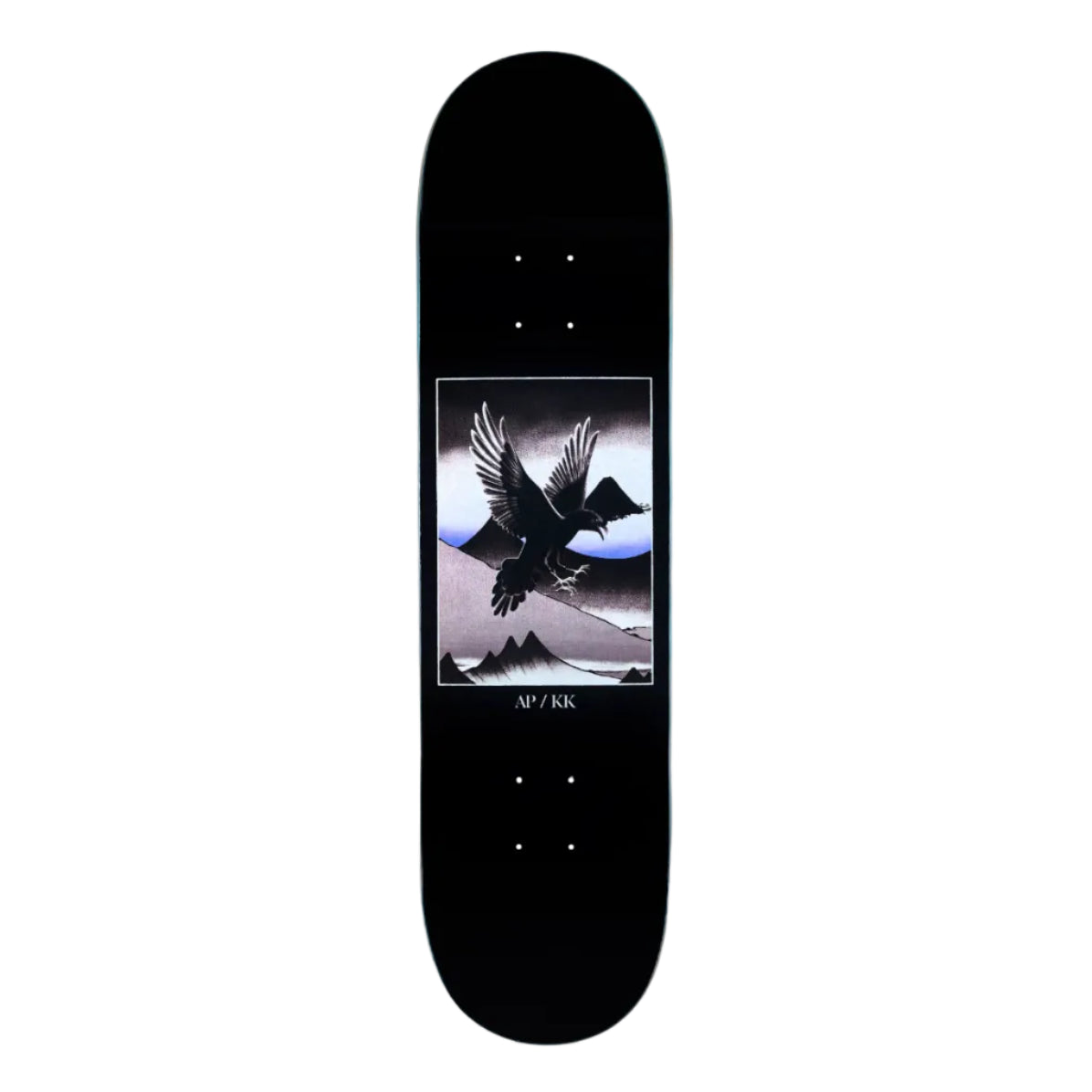 Skateboard deck with a black and white graphic of a bird and mountains on a white background