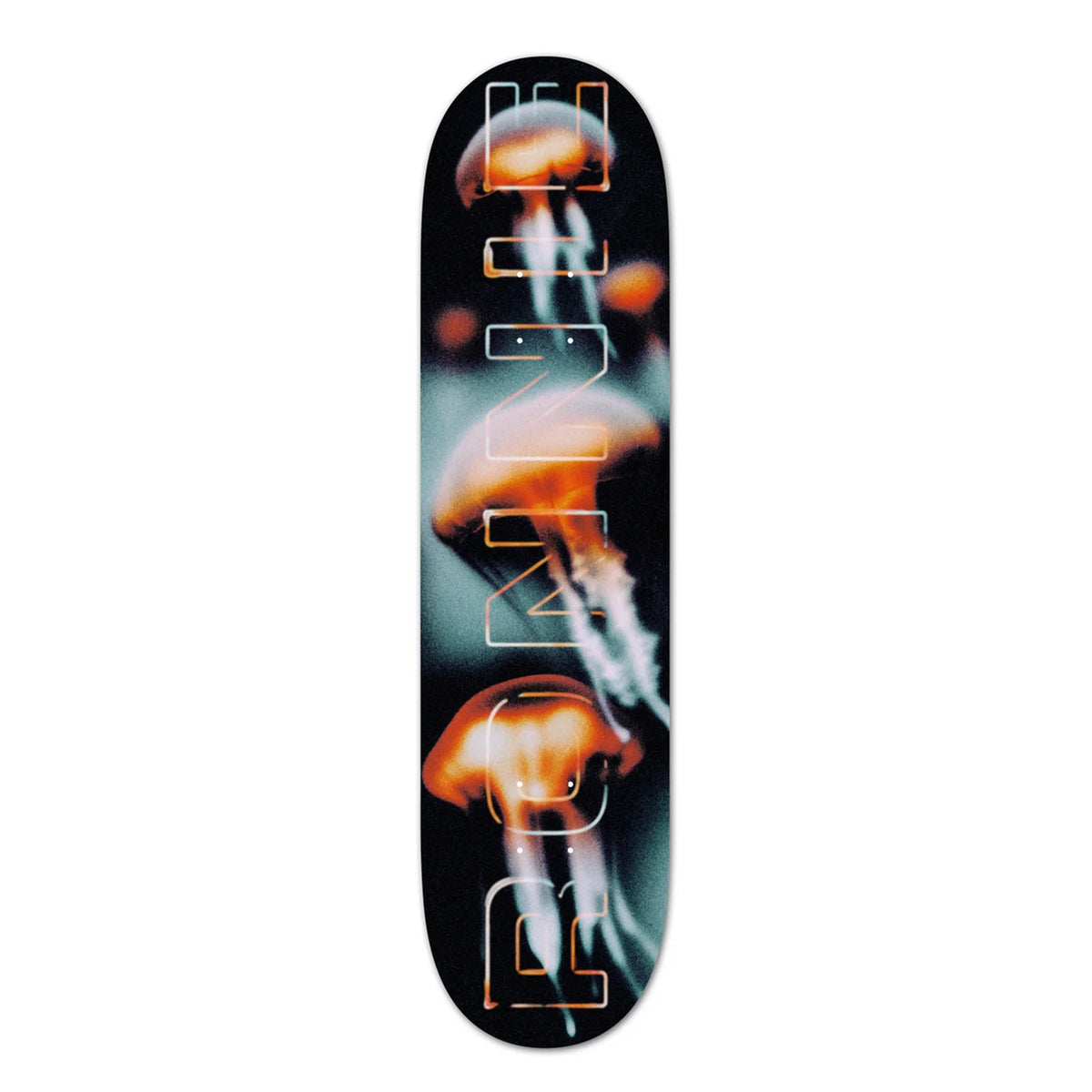A skateboard deck featuring a vertical graphic design of glowing orange jellyfish over a dark background, with the word 'RONNIE' printed vertically in large outlined letters.