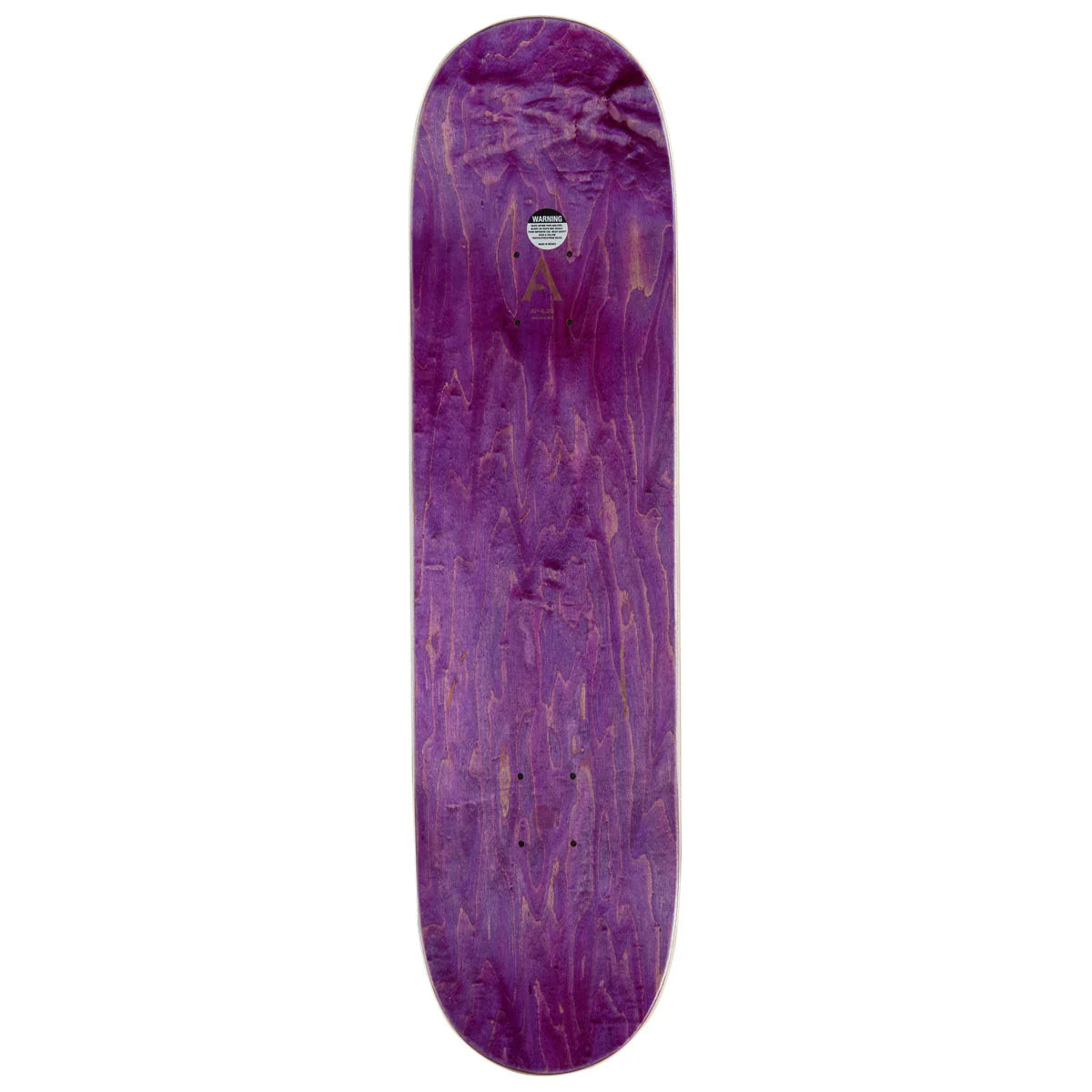 A purple skateboard deck with a prominent natural wood grain pattern, shown vertically against a plain white background.