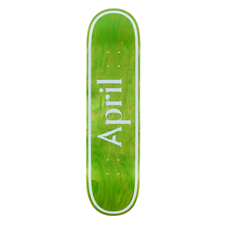 Green skateboard deck with 'April' branding on a white background