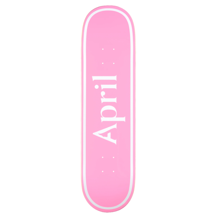 Pink skateboard deck with 'April' branding on a white background