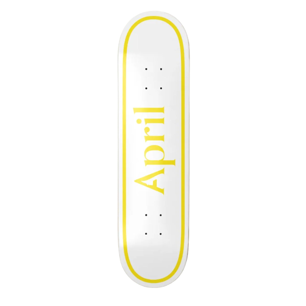 Skateboard deck with 'April' branding on a white background