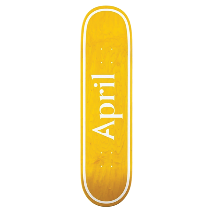 Yellow skateboard deck with 'April' branding on a white background