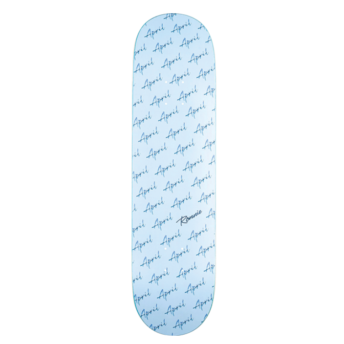 Light blue skateboard deck with text on a white background