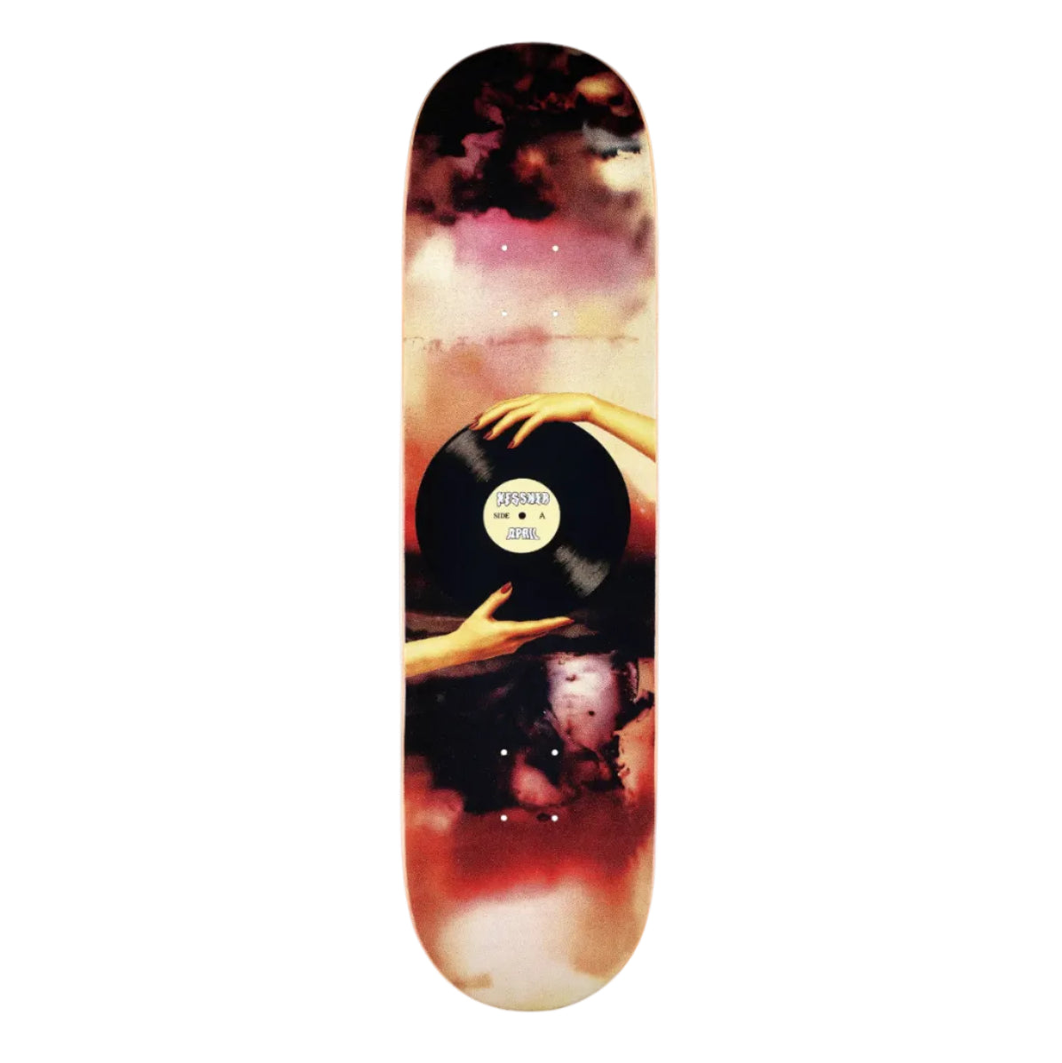 Skateboard deck with artistic design of hands holding a record against a colorful background