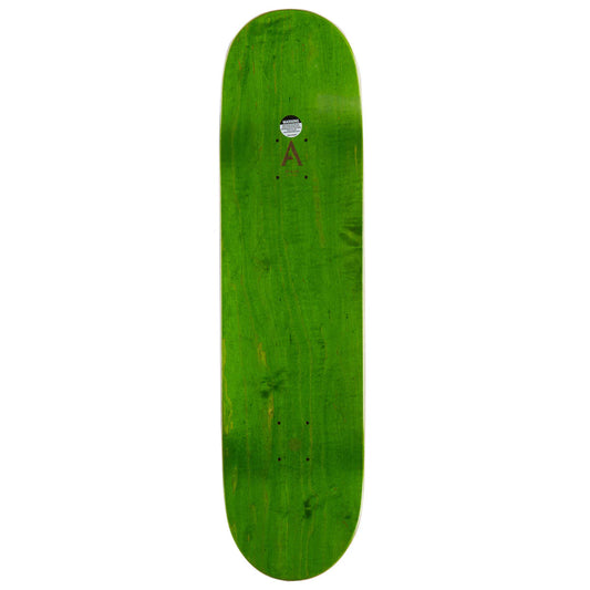 A green skateboard deck shown vertically against a plain white background, featuring a small circular logo and red 'A' graphic near the top center.