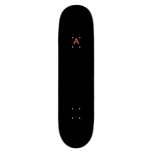 Black skateboard deck with a red logo on a white background