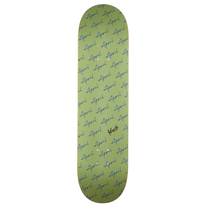 Skateboard deck with text pattern on a white background