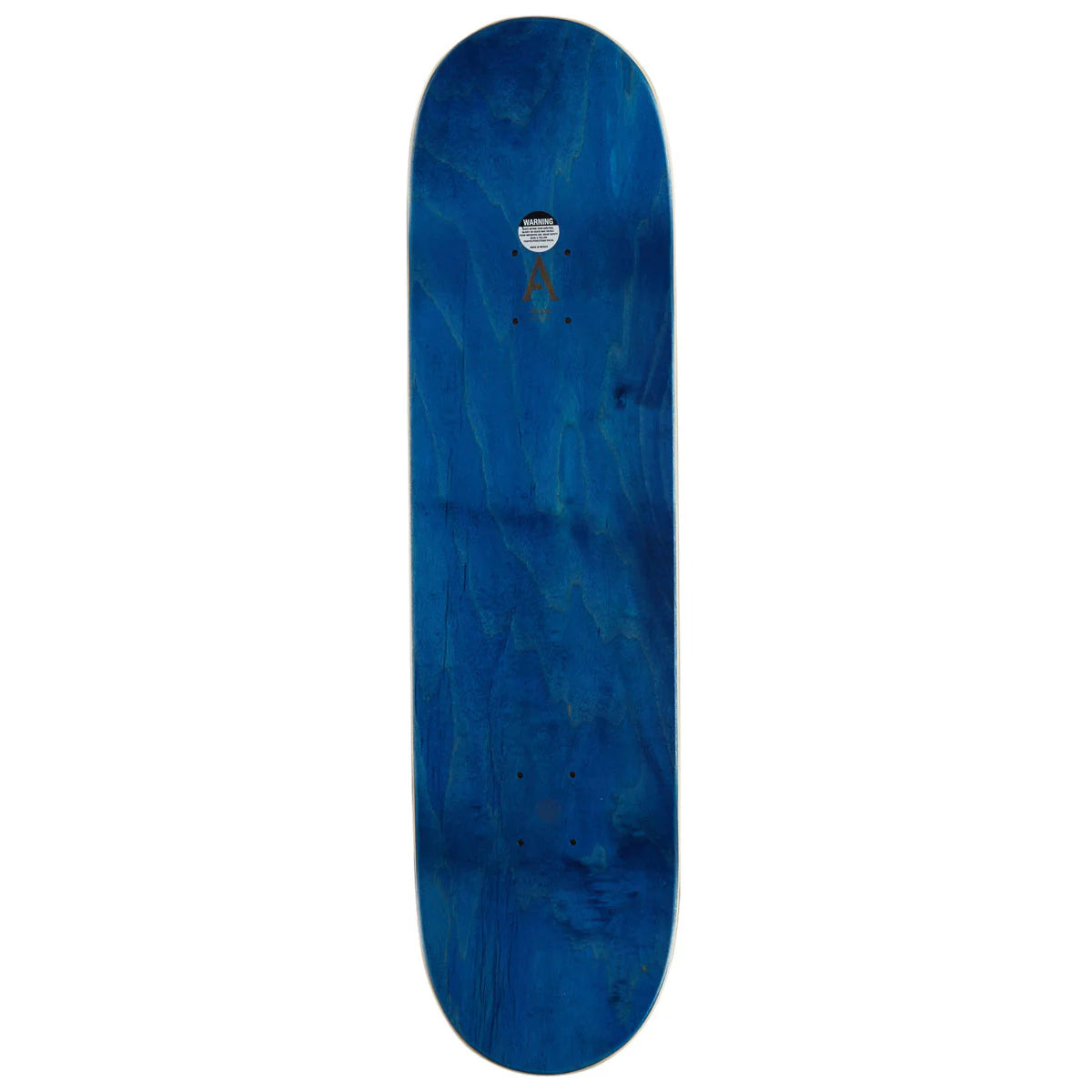 A blue skateboard deck with a natural wood grain pattern and a small white logo near the center, shown vertically against a plain white background.