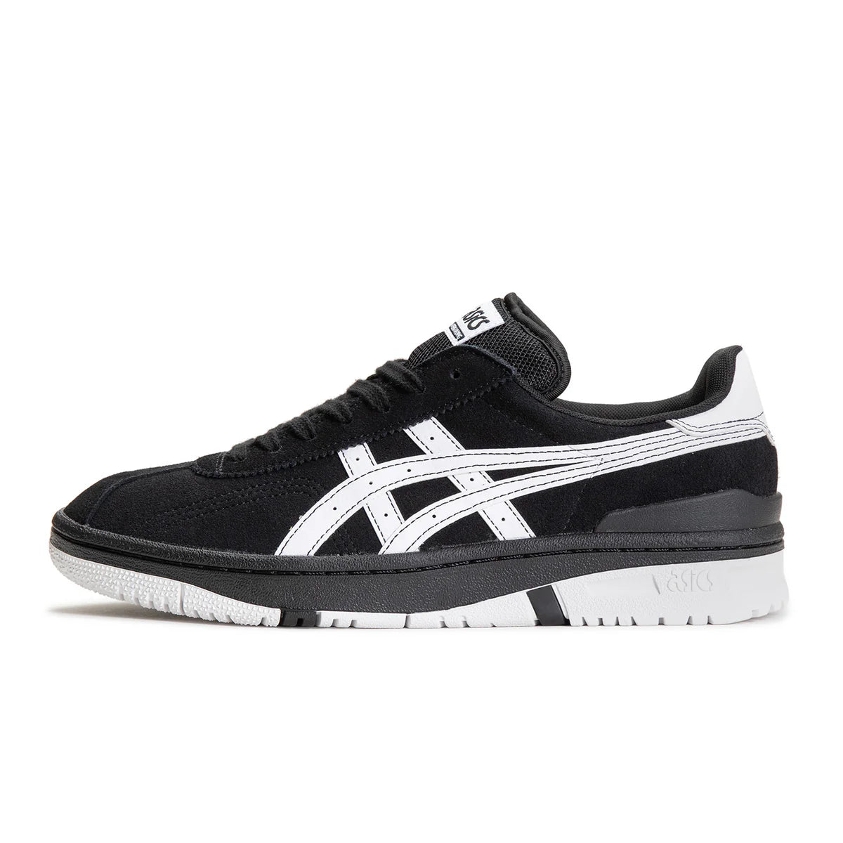 Black and white sneaker with brand logo on a white background