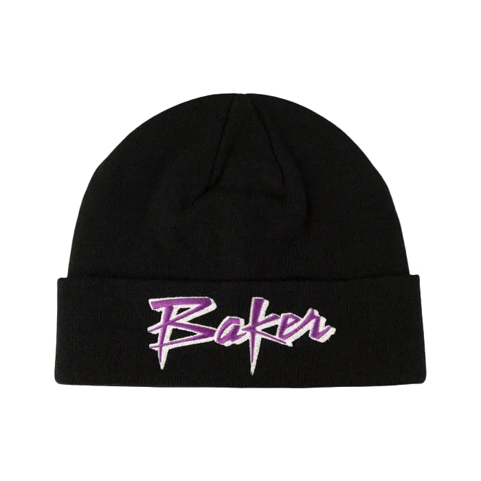 A black knit beanie with a folded cuff featuring the word 'Baker' embroidered in a stylized purple and white script, shown against a light gray background.