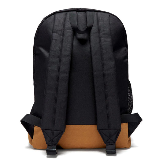 The back view of a backpack with a black upper body and padded shoulder straps, and a tan bottom base, shown on a white background.