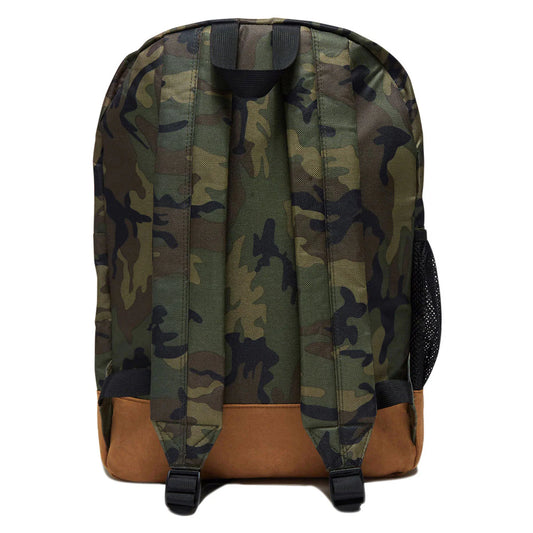 A backpack with a green and brown camouflage pattern, featuring a solid brown base and black straps, shown from the back on a white background.