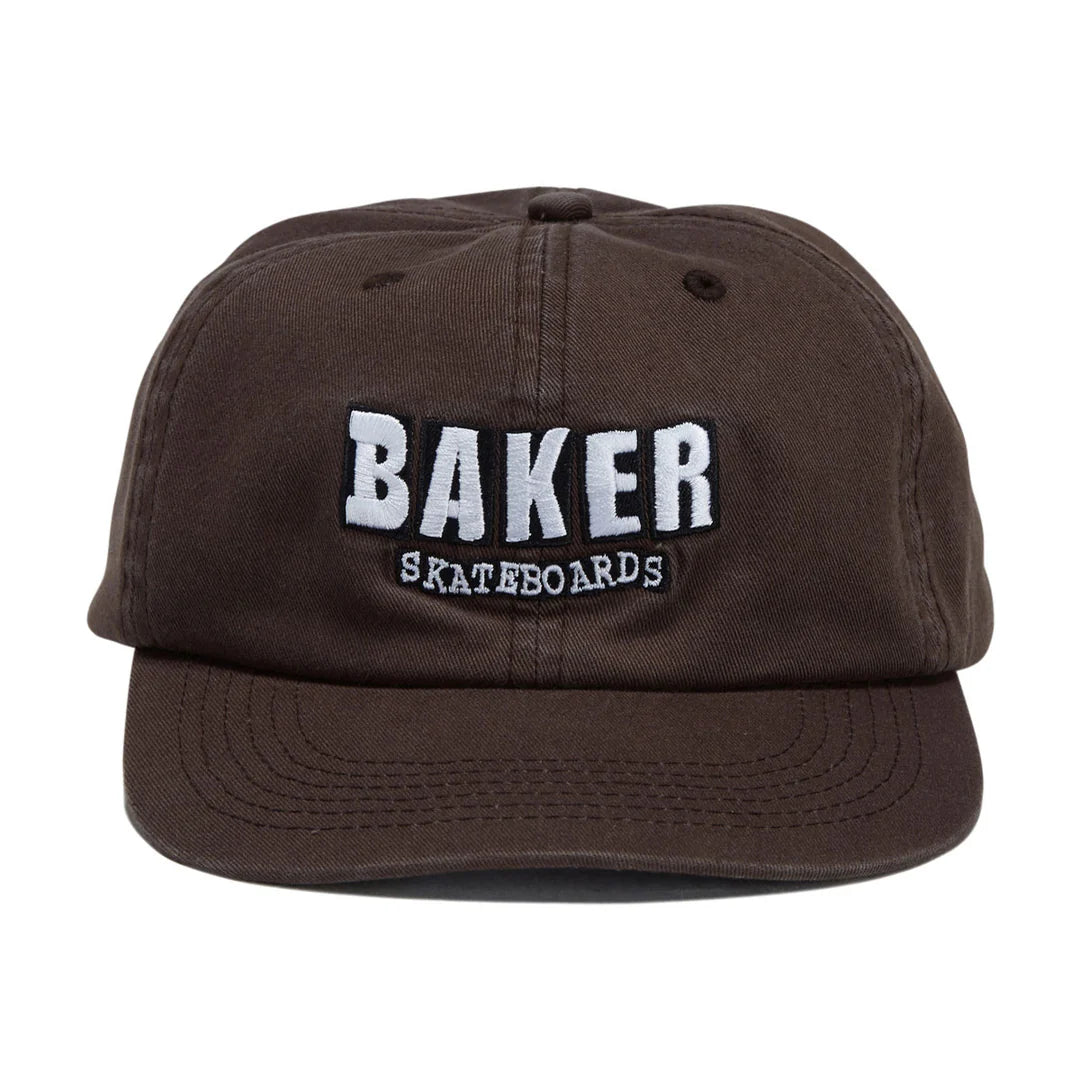 A dark brown cotton baseball cap with 'BAKER SKATEBOARDS' embroidered in white and black on the front, shown against a plain white background.