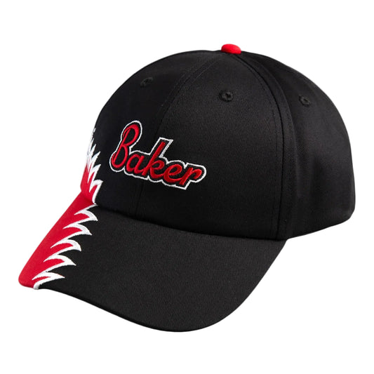 Black cap with red and white design on a light gray background
