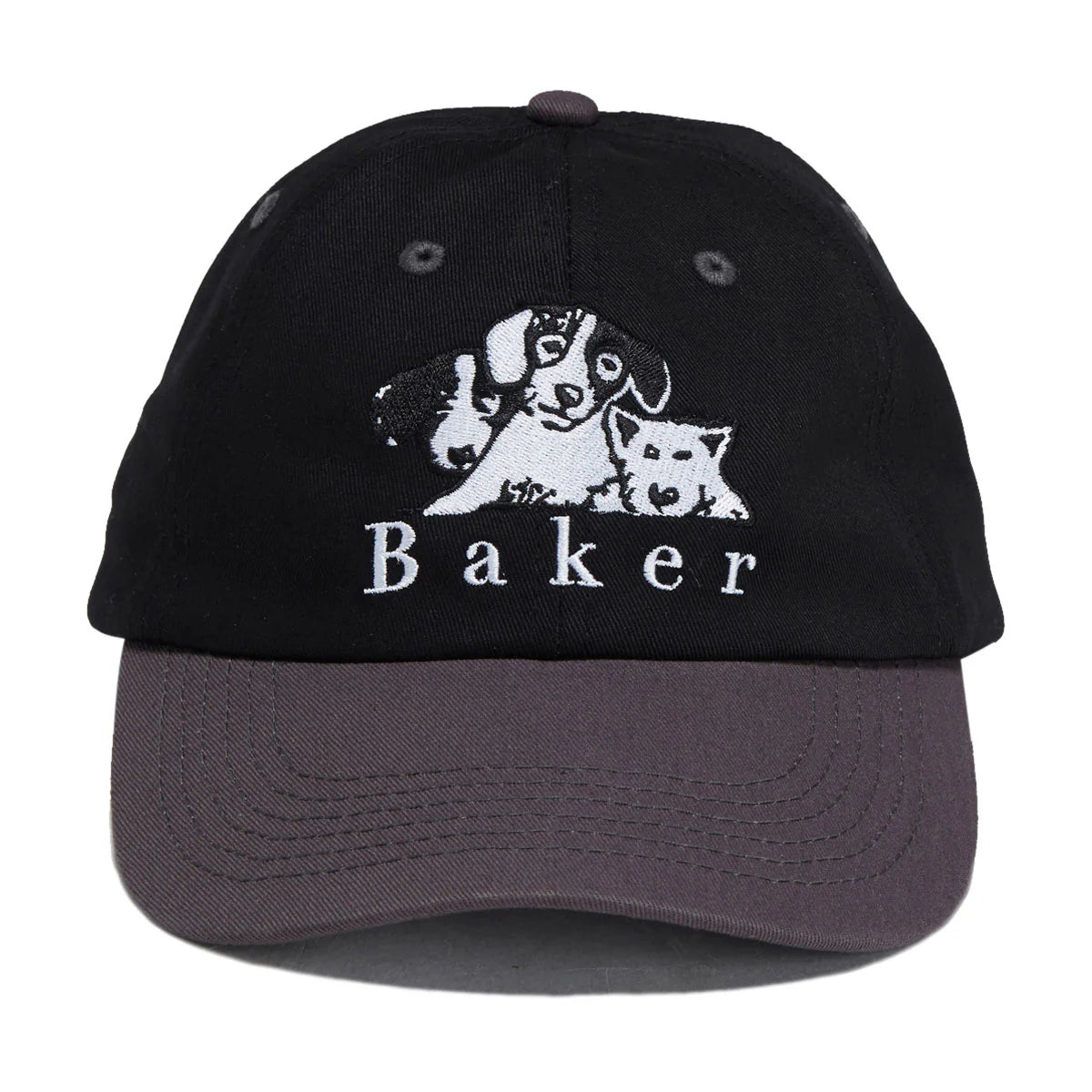 A black baseball cap with a dark gray curved brim, featuring white embroidered graphics of a dog, cat, and the word 'Baker' on the front.