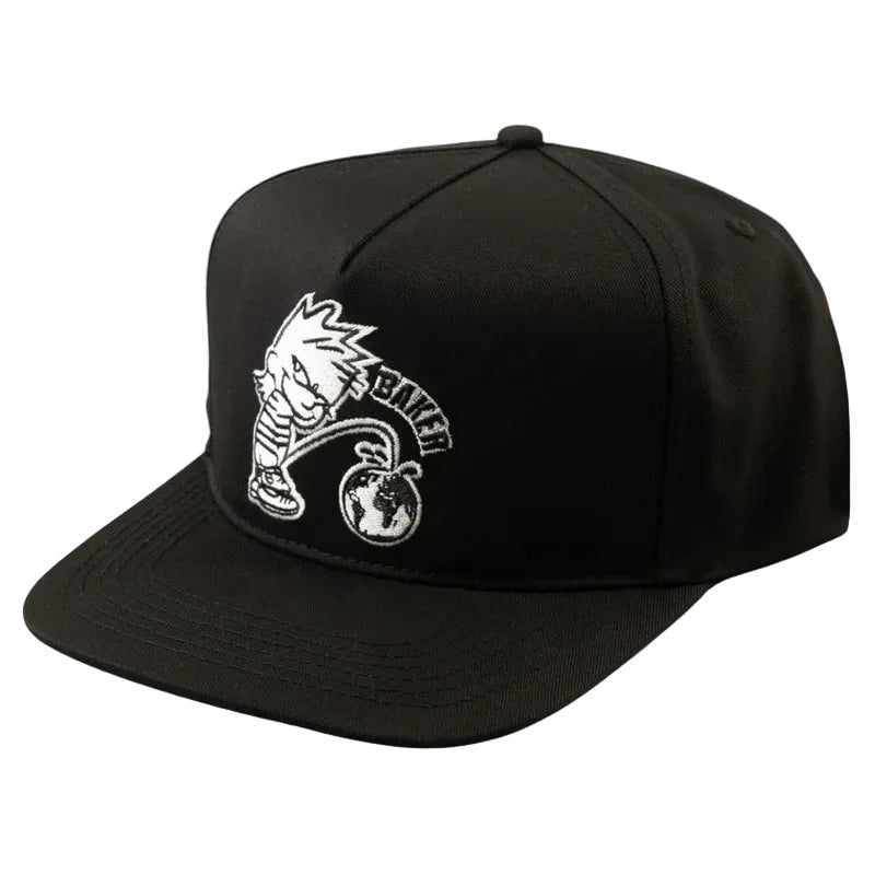 Black cap with white logo on a light gray background