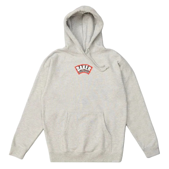A light heather gray pullover hoodie with a red and white 'Baked Ingredients' chest logo, displayed flat against a light gray background.