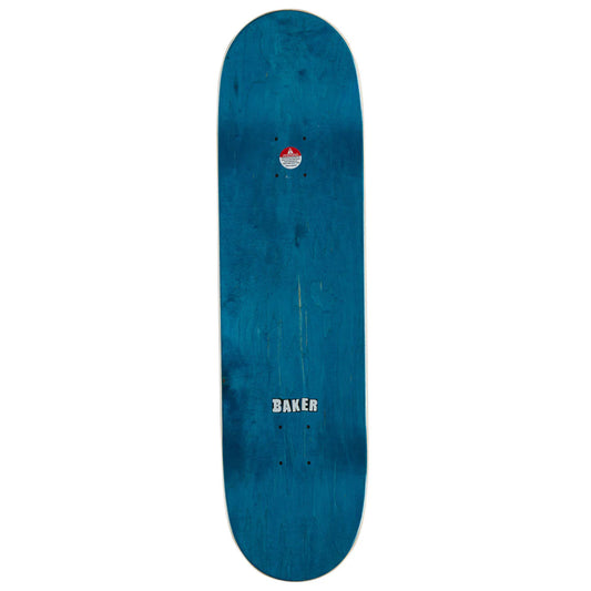 A blue wooden skateboard deck with a weathered texture, featuring the white 'BAKER' brand logo near the bottom and a small red and white logo near the top, shown against a plain white background.
