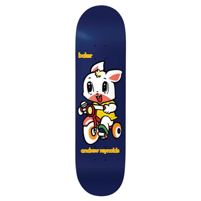 Skateboard deck with a cartoon cow design on a blue background