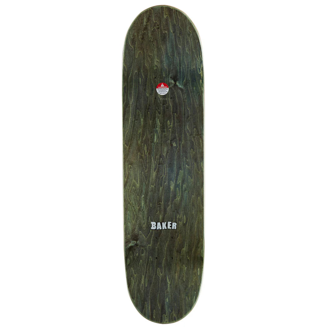 A skateboard deck shown from the top view against a solid white background, featuring a dark green and black woodgrain pattern with the 'BAKER' brand name printed in white near the bottom.