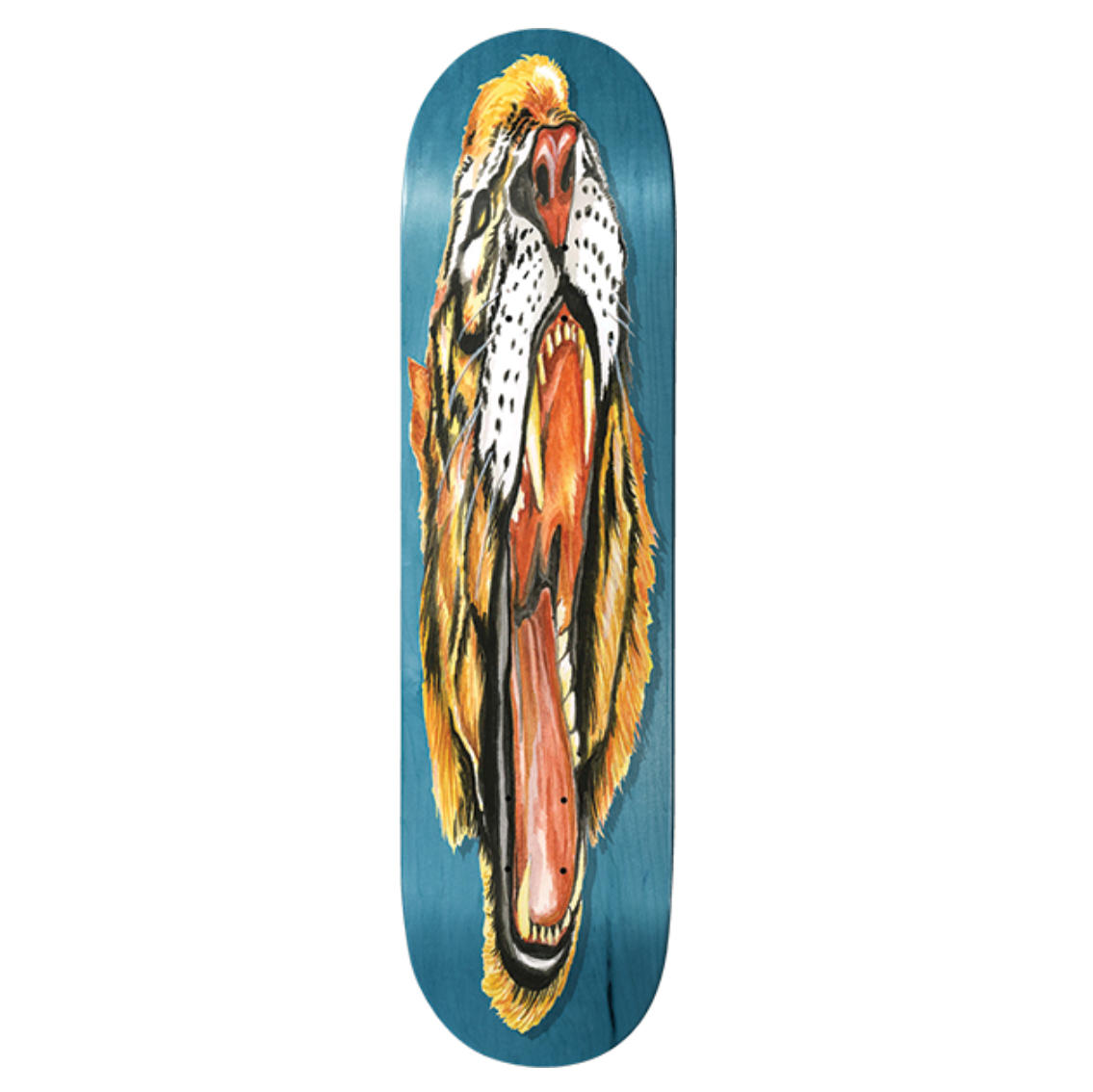 Skateboard deck with a colorful tiger design on a white background
