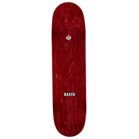 A red skateboard deck with a glossy wood grain finish, featuring the BAKER logo in white near the bottom and a small red, white, and blue maple leaf logo near the top, shown against a plain white background.