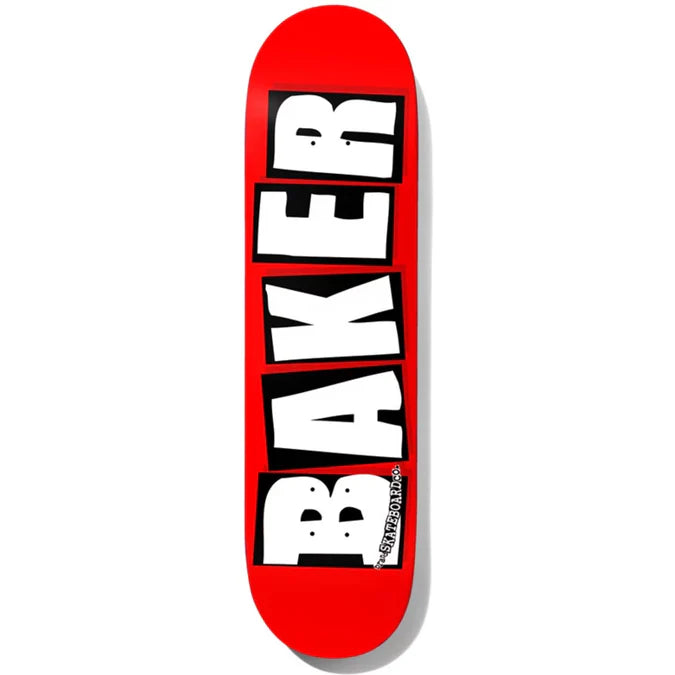 Red skateboard deck with 'Baker' logo on a white background