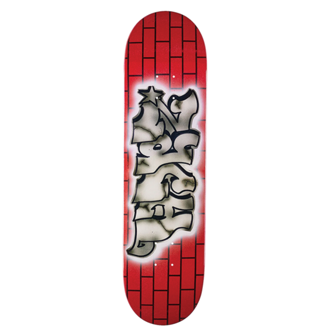 Skateboard deck with red grid pattern and white graphic design on a white background