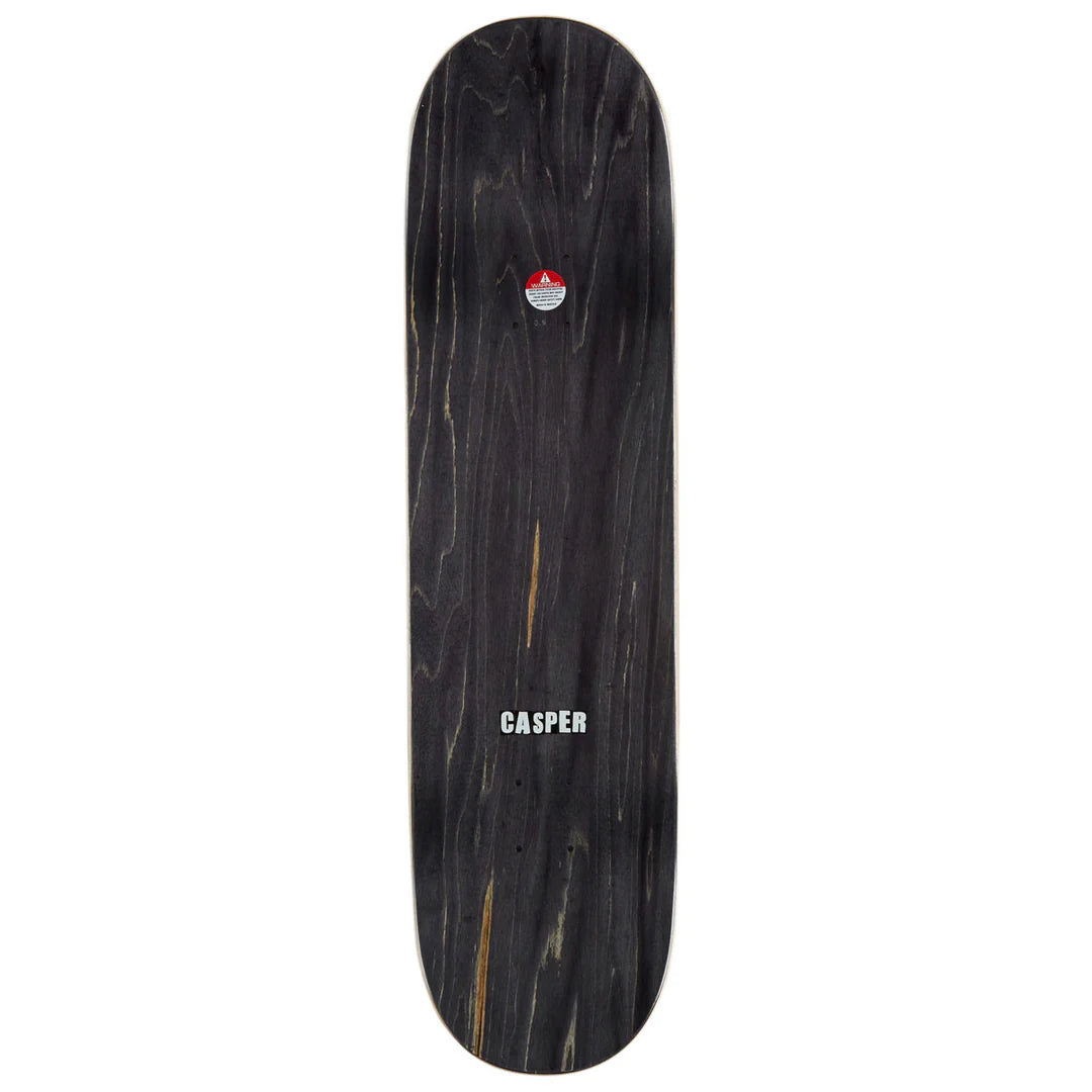 A Casper skateboard deck with a dark black wood grain finish, featuring the white Casper brand name printed near the bottom and a small red and white logo near the top.