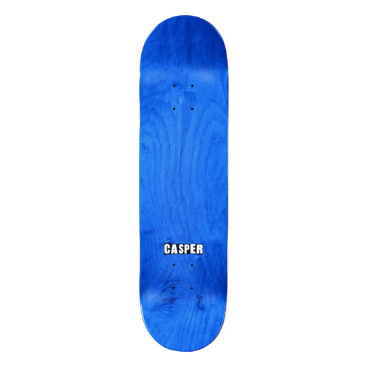 Blue skateboard deck with 'Casper' branding on a white background