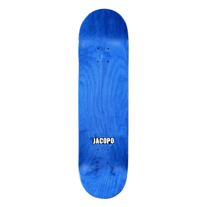 Blue skateboard deck with 'Jacopo' branding on a white background