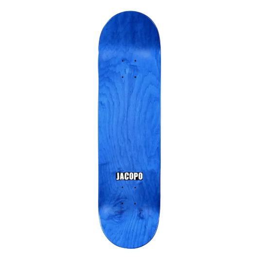Blue skateboard deck with 'Jacopo' branding on a white background