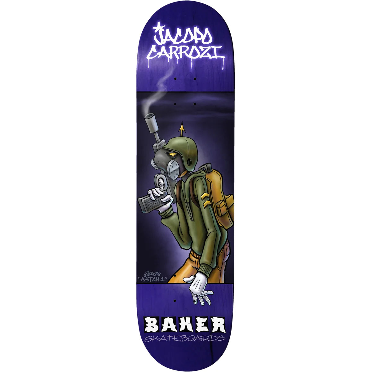 A skateboard deck featuring a purple top and bottom border with the text 'JACOpO CARROZI' at the nose and 'BAER SKATEBOARDS' at the tail. The center shows an illustrated character in olive green and tan holding a smoking gun against a dark purple background.