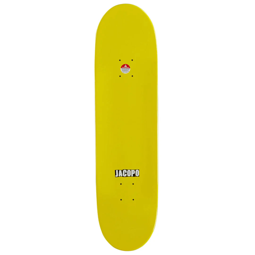 A bright yellow skateboard deck shown vertically against a plain white background, featuring the brand name 'JACOPO' printed in black near the center.