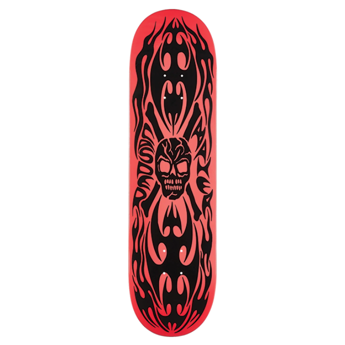 Skateboard deck with black and red design on a white background