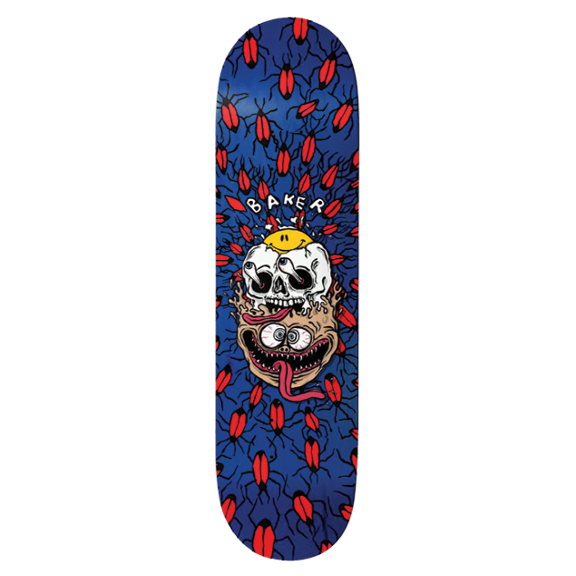 Skateboard deck with a skull and red insect design on a blue background
