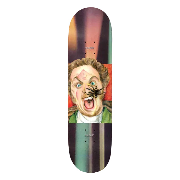 Skateboard deck with a colorful design featuring a face and text on a white background