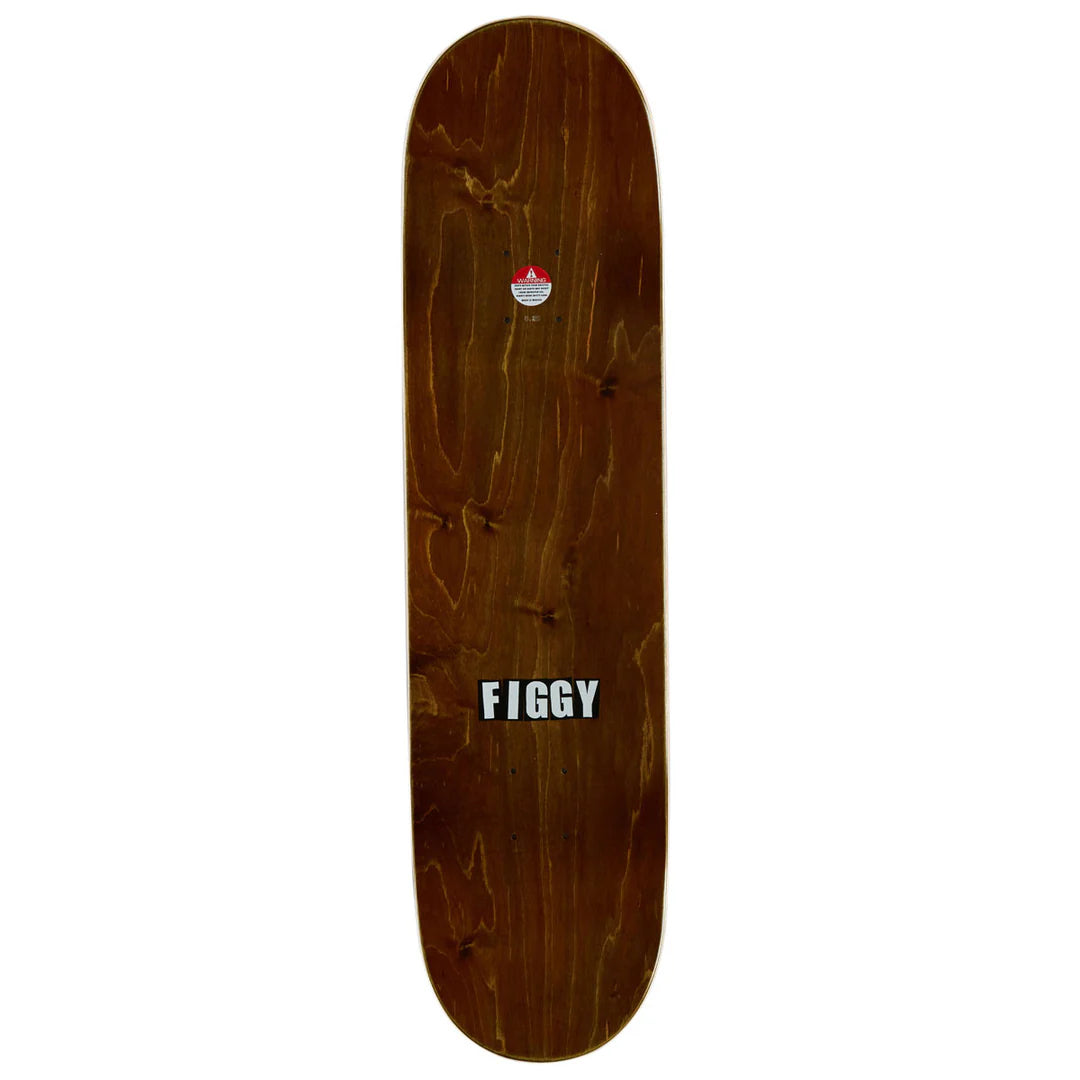 A dark brown wooden skateboard deck with visible grain, featuring a small red and white logo near the top and the word 'FIGGY' in white text near the bottom, shown against a plain white background.