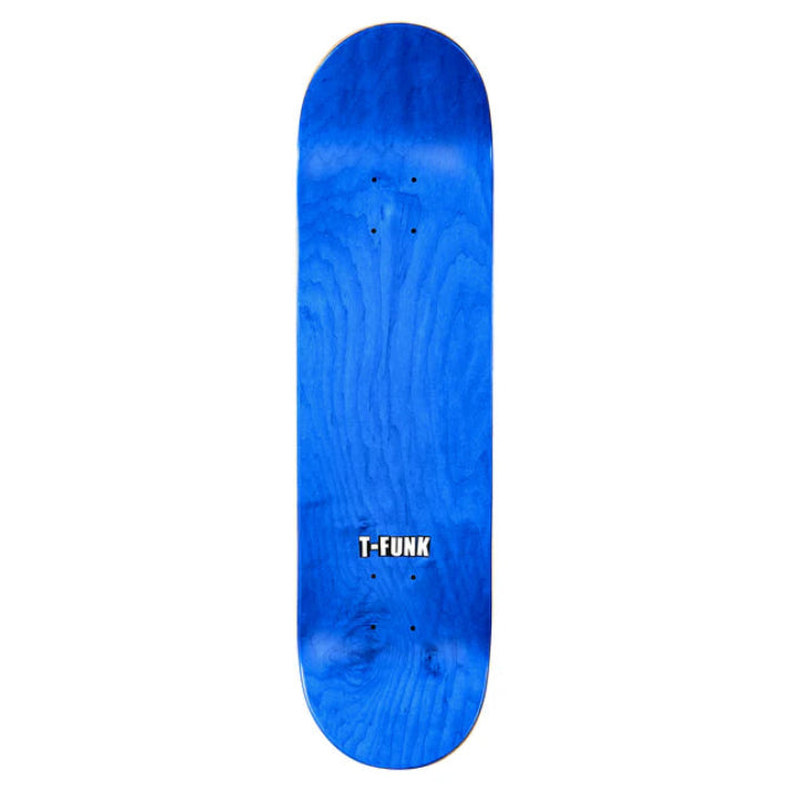 Blue skateboard deck with 'T-Funk' branding on a white background