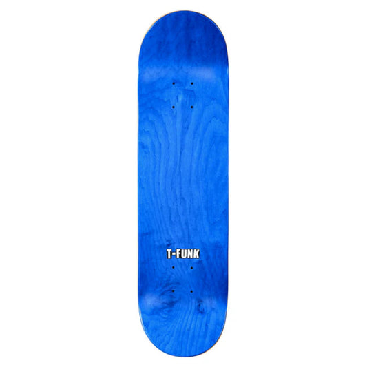 Blue skateboard deck with 'T-Funk' branding on a white background