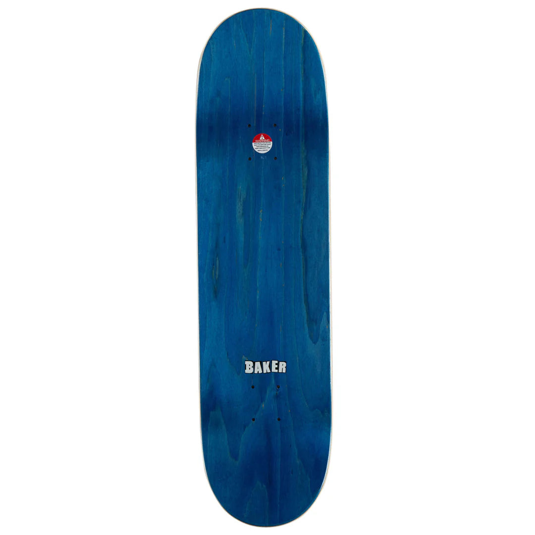 A blue wooden skateboard deck with a natural wood grain pattern, featuring the white 'BAKER' brand logo near the bottom and a small red and white logo near the top, shown against a plain white background.