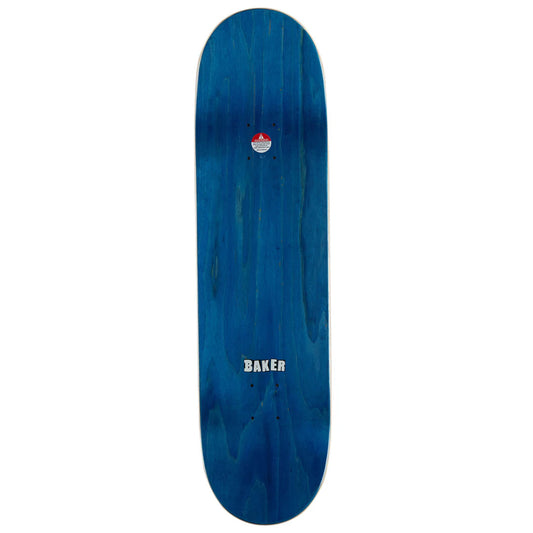 A blue wooden skateboard deck with a natural wood grain pattern, featuring the white 'BAKER' brand logo near the bottom and a small red and white logo near the top, shown against a plain white background.