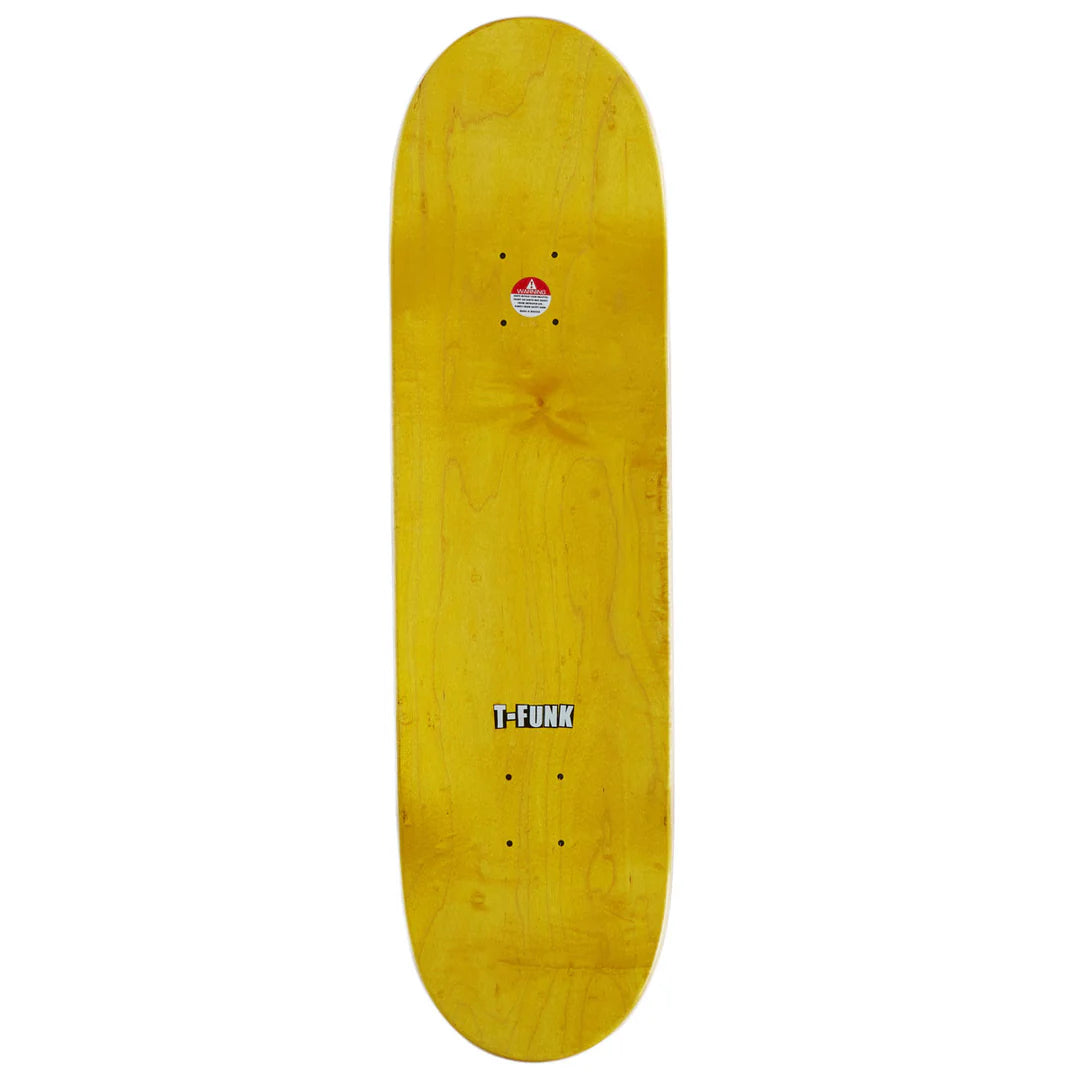A yellow T-Funk skateboard deck with visible wood grain and the T-Funk logo near the bottom, shown against a plain white background.
