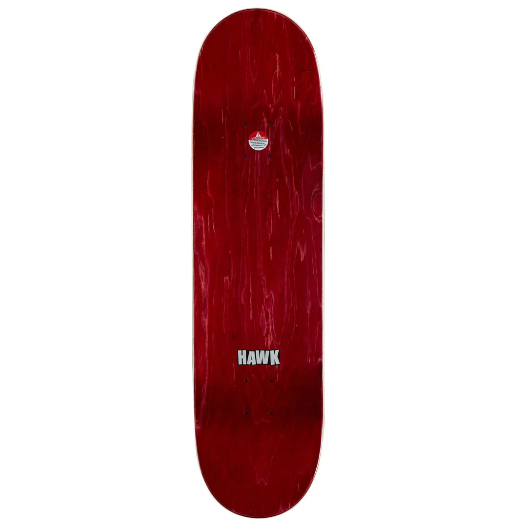 A long, narrow skateboard deck shown upright against a plain white background. The deck has a glossy dark red finish with visible wood grain texture and a small white HAWK logo near the bottom.