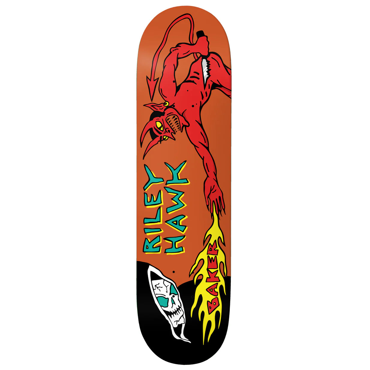 Skateboard deck with a red demon-like figure and 'Riley Hawx' branding on an orange background.