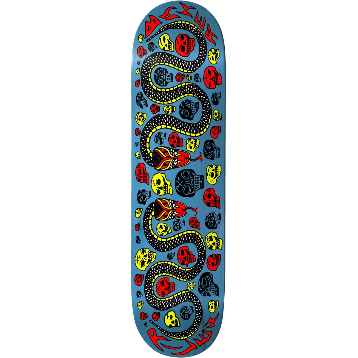 A skateboard deck featuring a vibrant blue background decorated with a large black snake, red skulls, yellow skulls, and small skull motifs. The brand name 'Black Rock Shooter' is printed in stylized red and white text at the top.